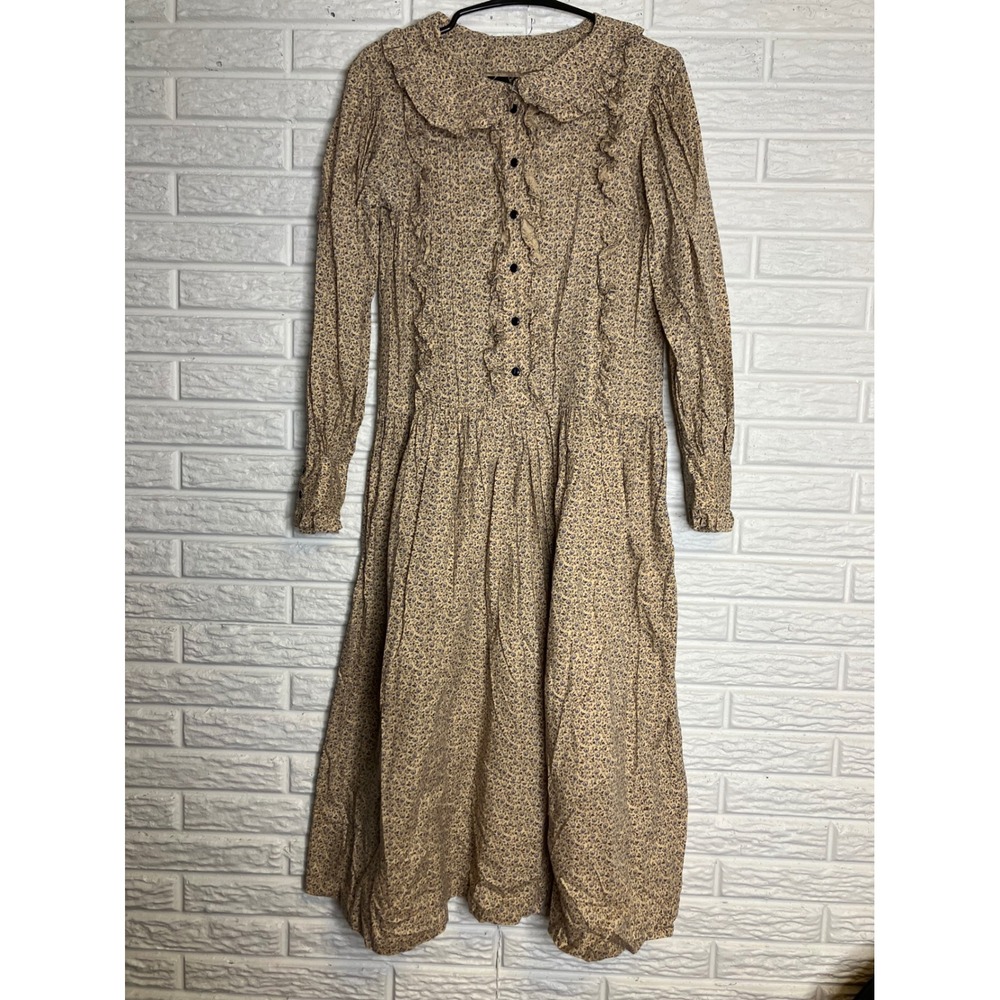 Unbranded Floral Midi Dress Womens OS Tan Excellent Cottagecore Ruffle Collar